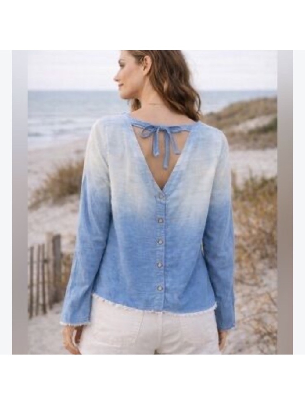 Cloth & Stone Anthropologie Button Back Bell Sleeve Blouse Blue Ombre Women’s M
